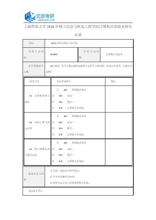 上海师范大学2016年硕士信息与机电工程学院计算机应用技术招生目录