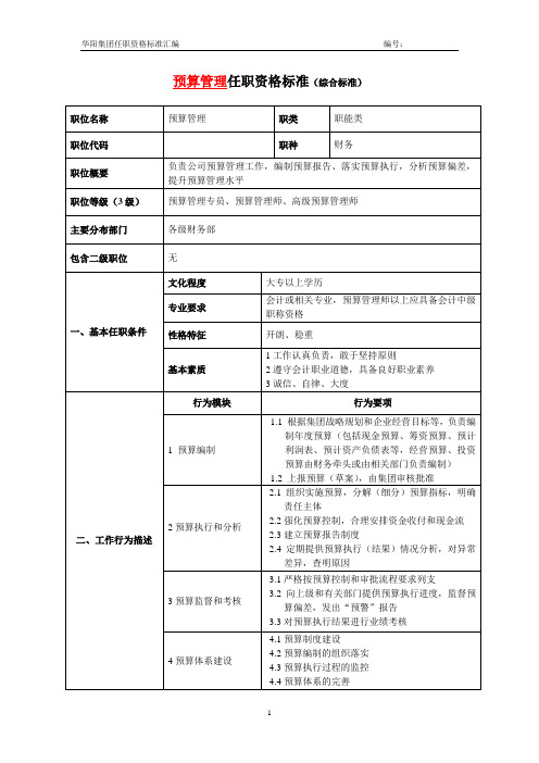 财务任职资格标准预算管理岗案例