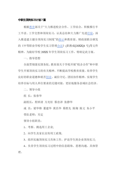 中职生顶岗实习计划3篇