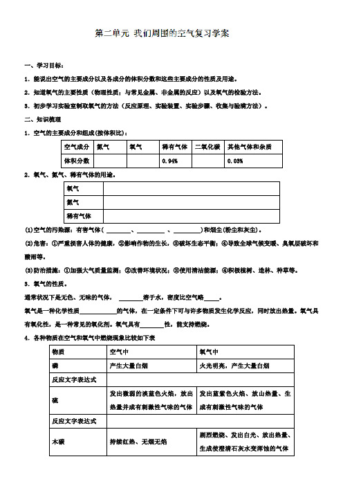 九年级化学上册《第二单元我们周围的空气》复习学案