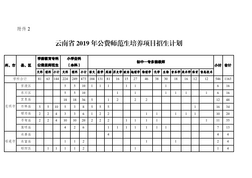 云南省2019年公费师范生培养项目招生计划