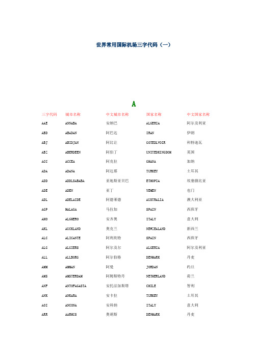 世界常用国际机场三字代码