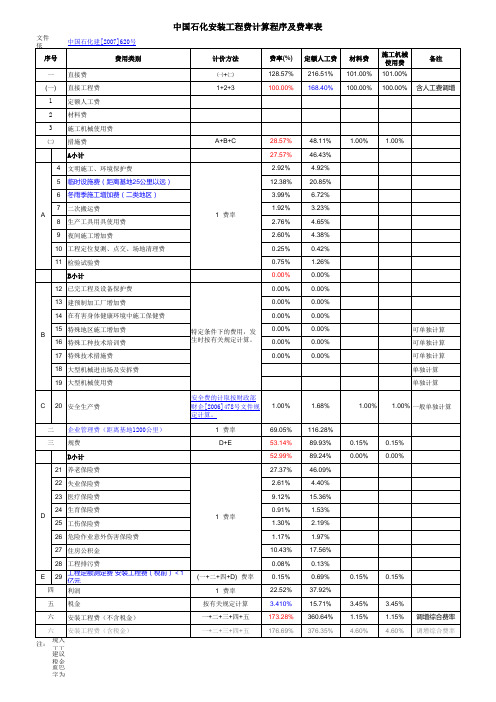 中国石化安装工程费计算程序及费率表