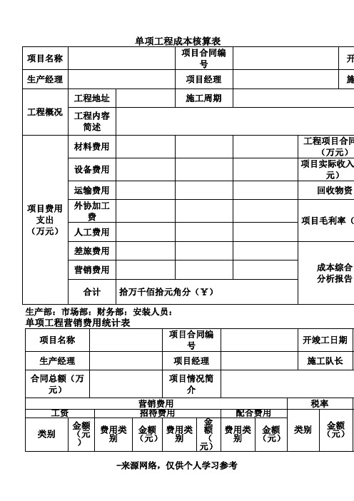 工程项目成本核算表格