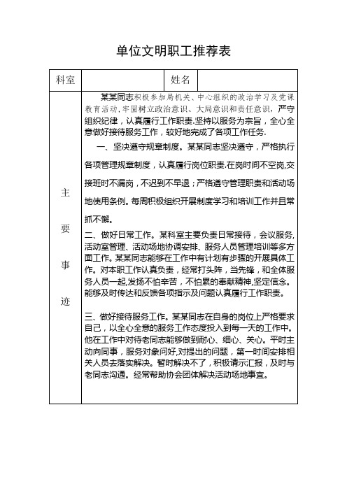 单位文明职工推荐表【范本模板】