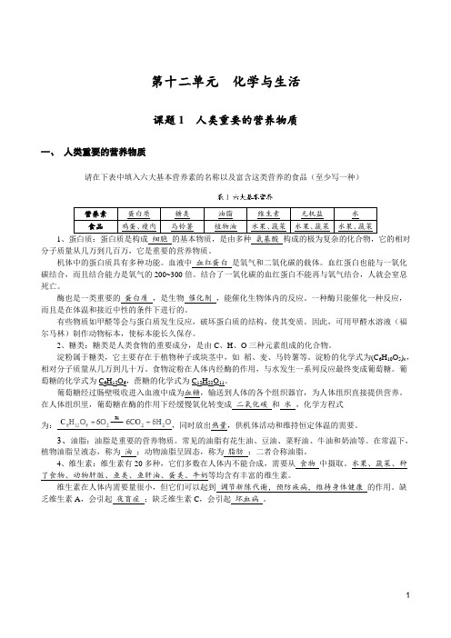 初中化学人教第十二单元 化学与生活 知识点整理(全面,带答案)