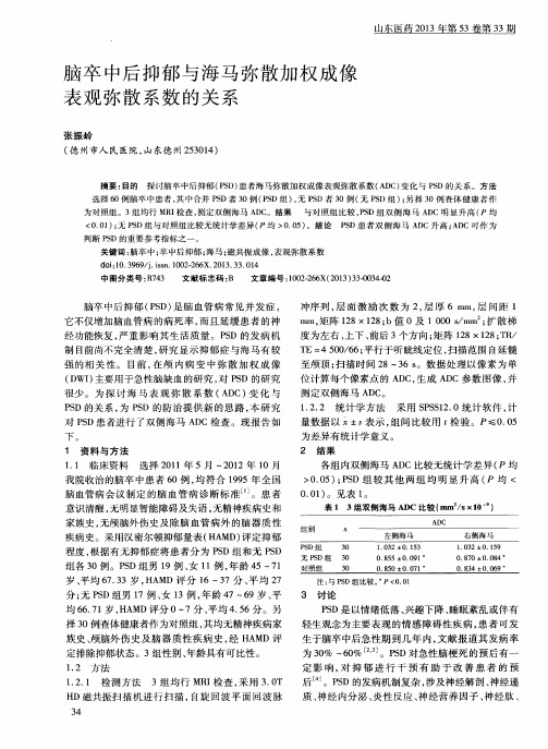 脑卒中后抑郁与海马弥散加权成像表观弥散系数的关系