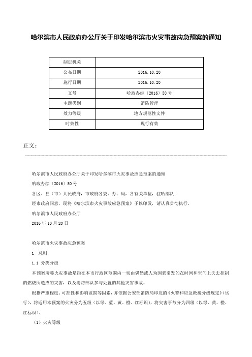 哈尔滨市人民政府办公厅关于印发哈尔滨市火灾事故应急预案的通知-哈政办综〔2016〕50号