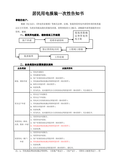 居民用电报装一次性告知书