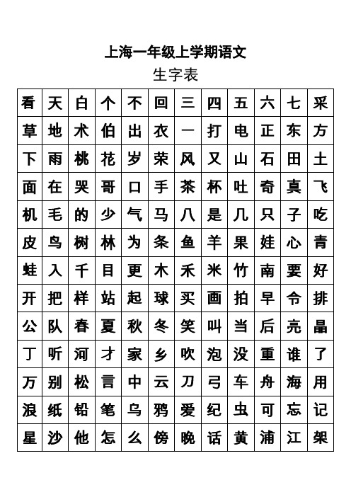 上海一年级语文生字表和组词表