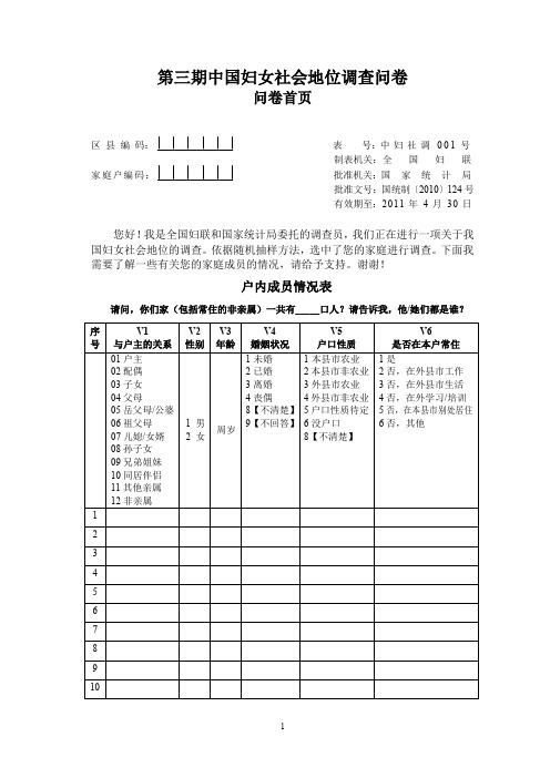 2010年中国妇女社会地位调查问卷(流动)