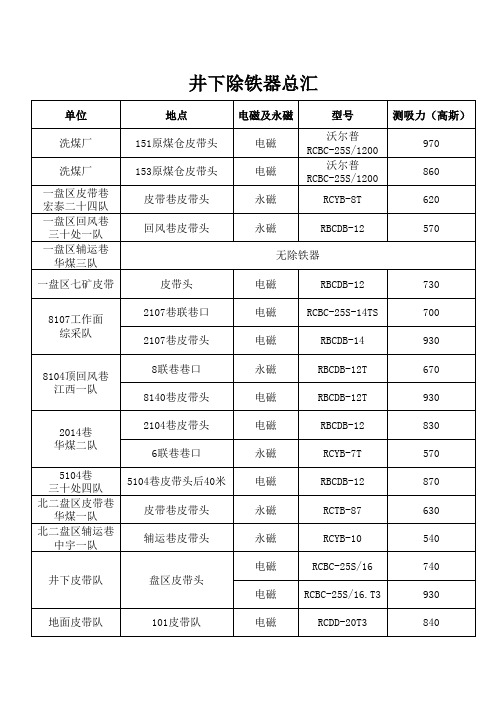 全矿除铁器磁场强度汇总表