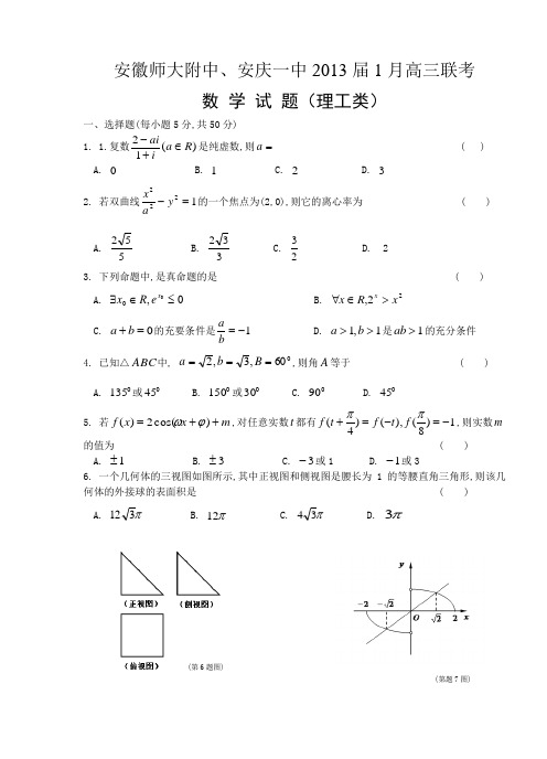 安徽师大附中、安庆一中2013届高三1月联考(理科)数学试卷及答案