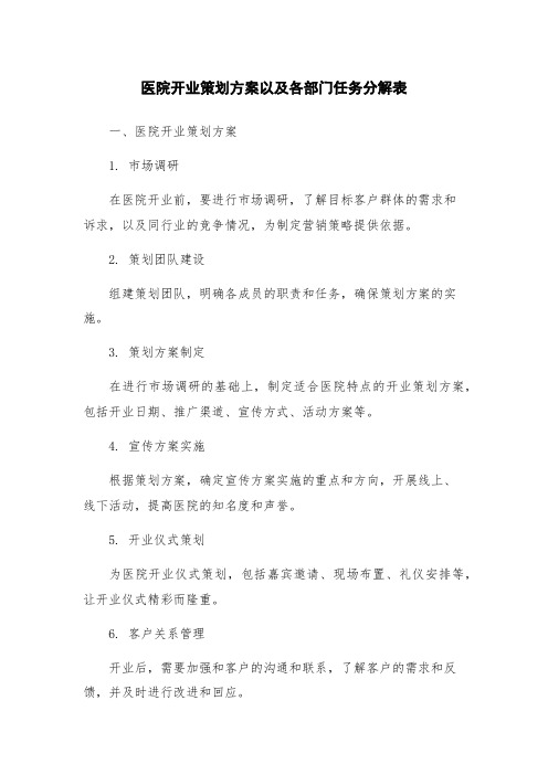 医院开业策划方案以及各部门任务分解表