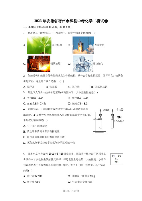 2023年安徽省宿州市泗县中考化学二模试卷(含解析)