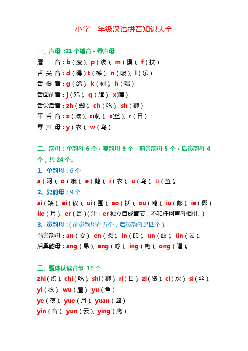 小学一年级语文汉语拼音知识大全及练习