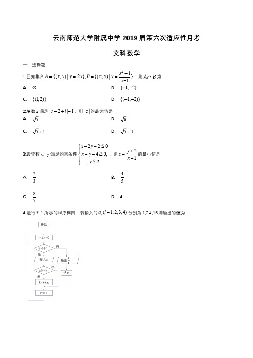 云南省师范大学附属中学2019届高三年级第六次适应性月考(文科)数学检测试卷含答案