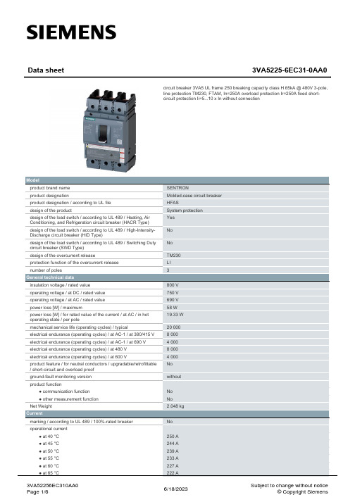 SENTRON 3VA5 250A 65kA @ 480V 三极电源保护电路断路器说明书