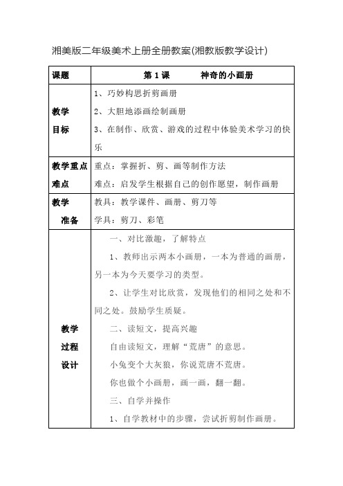 湘美版二年级美术上册全册教案(湘教版教学设计)