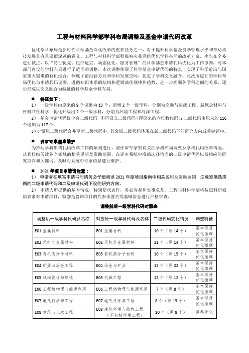 工程与材料科学部学科布局调整及基金申请代码改革