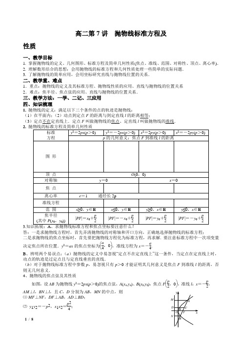 高二数学选修2-1复习教案第7讲  抛物线