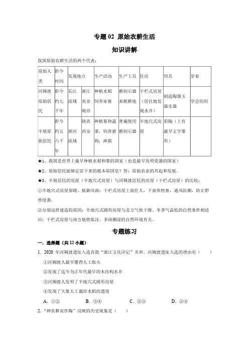 历史七年级上册期末高频考点专题突破(部编版)专题02 原始农耕生活(原卷版)