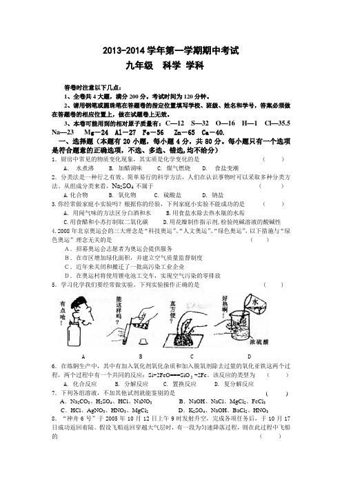 2013-2014学年第一学期期中考试九年级  科学 学科(含答案)