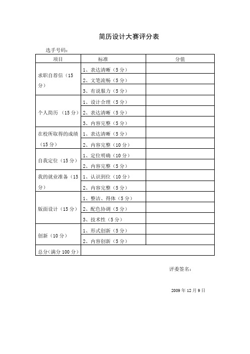 简历设计大赛评分表