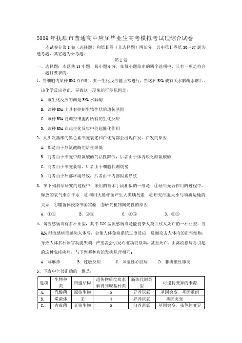 2009年抚顺市普通高中应届毕业生高考模拟考试理综合试卷