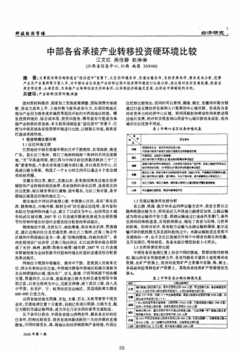 中部各省承接产业转移投资硬环境比较