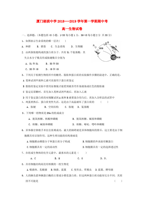 福建省厦门市湖滨中学2018_2019学年高一生物上学期期中试题