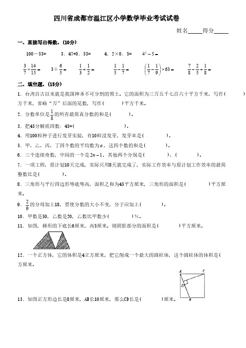 四川省成都市温江区小学数学毕业考试试卷及谜底