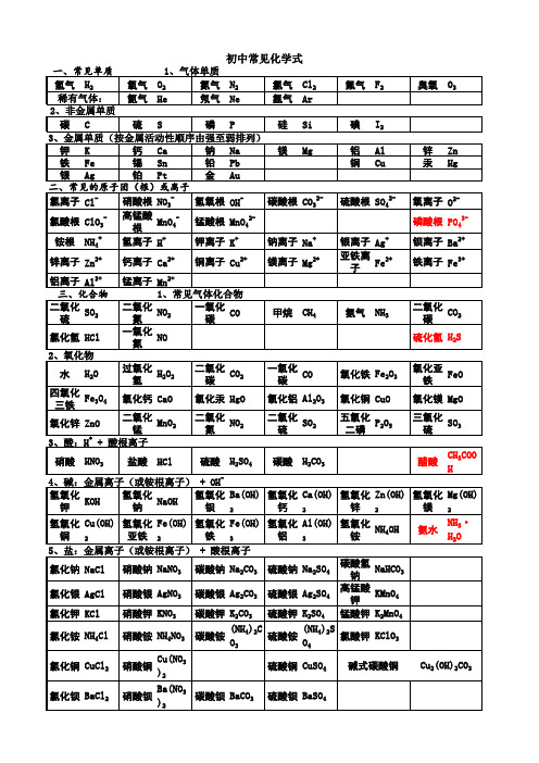 初中常见化学式大全