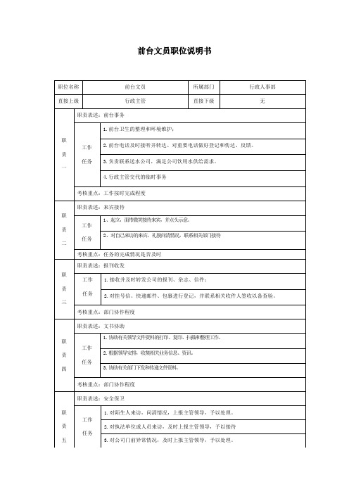 前台文员职位说明书