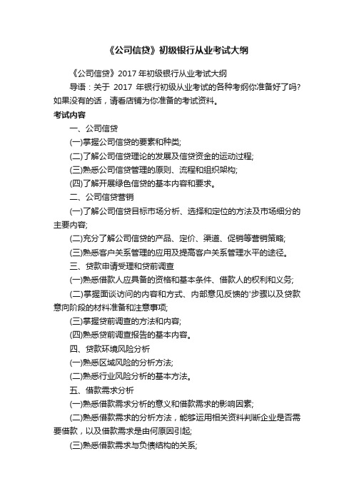 《公司信贷》初级银行从业考试大纲