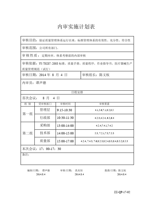 内审实施计划表