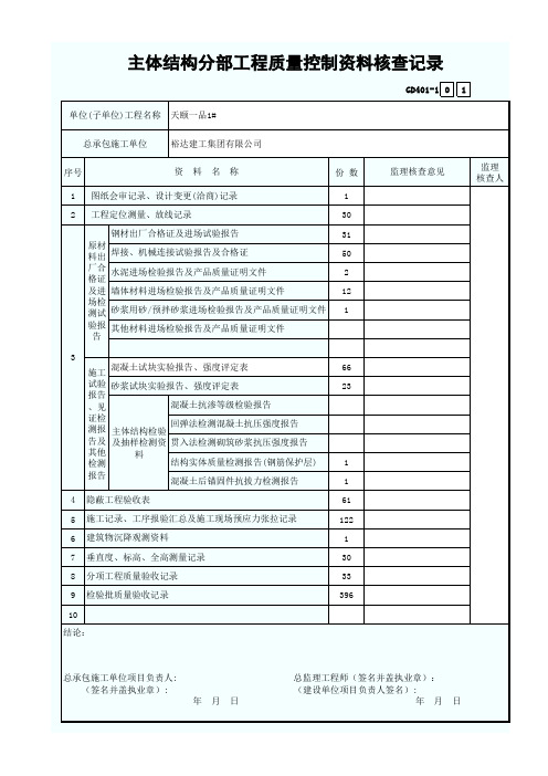 主体结构分部工程质量控制资料核查记录