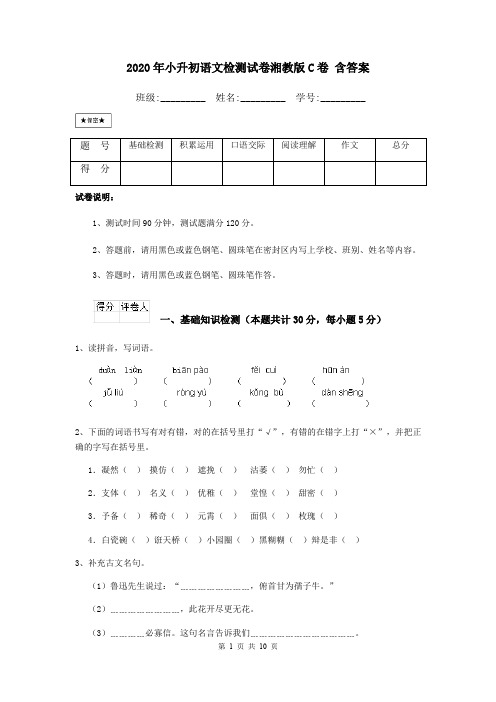 2020年小升初语文检测试卷湘教版C卷 含答案