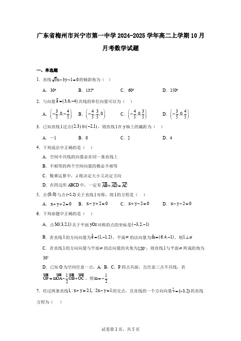 广东省梅州市兴宁市第一中学2024-2025学年高二上学期10月月考数学试题