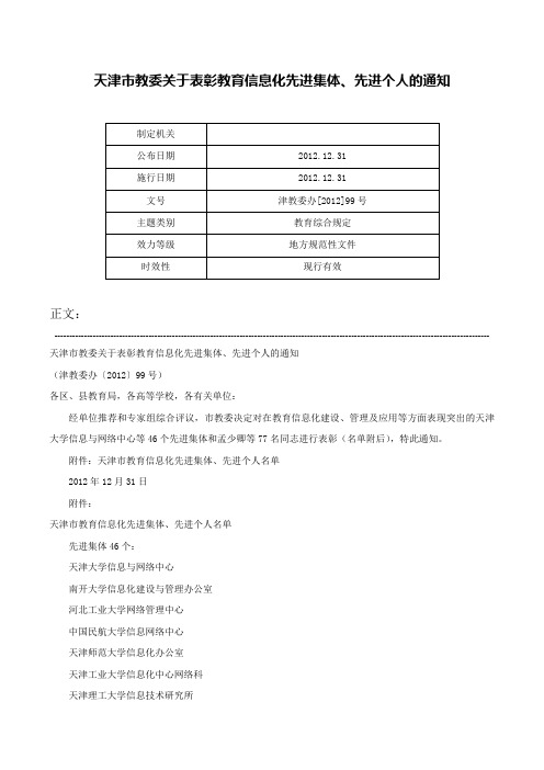 天津市教委关于表彰教育信息化先进集体、先进个人的通知-津教委办[2012]99号