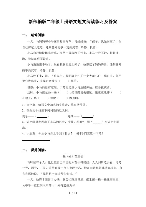 新部编版二年级上册语文短文阅读练习及答案