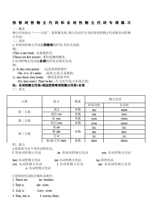 形容词性物主代词和名词性物主代词专项练习