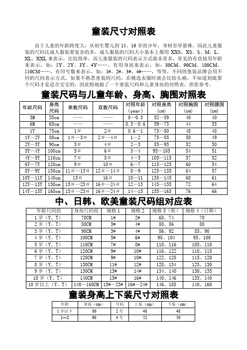 童装尺码与儿童年龄、身高、胸围对照表