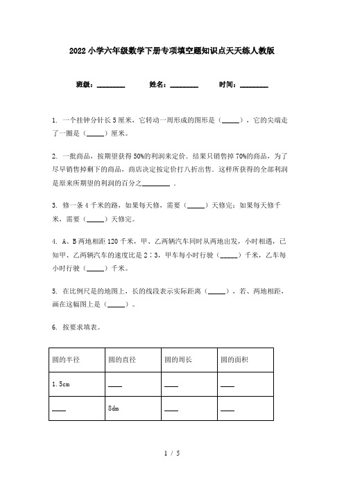 2022小学六年级数学下册专项填空题知识点天天练人教版