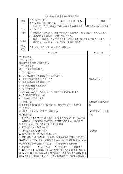 官湖初中九年级思想品德复习导学案考点16追求公平,维护正义