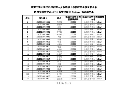 西南交大2012年MPA拟录取名单