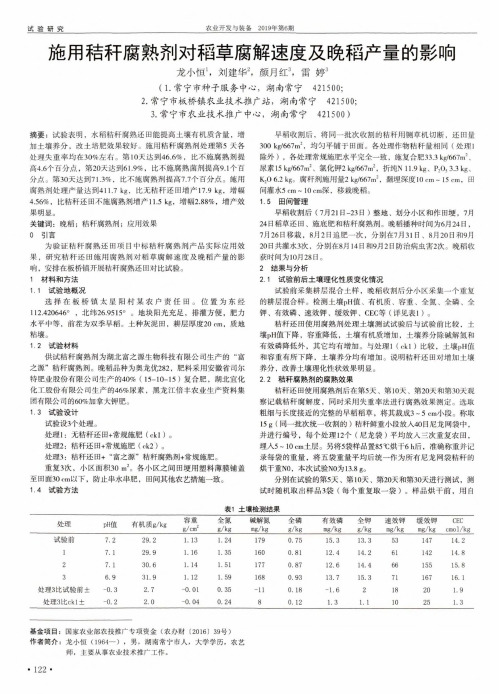 施用秸秆腐熟剂对稻草腐解速度及晚稻产量的影响