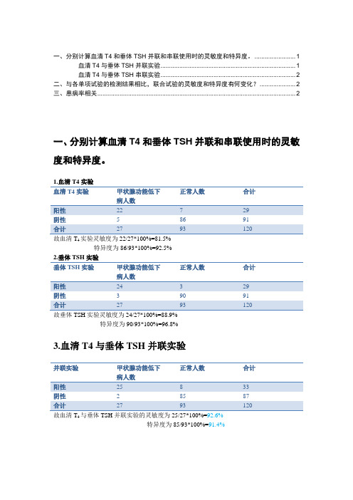 分别计算血清T4和垂体TSH并联和串联使用时的灵敏度和特异度——流行病作业