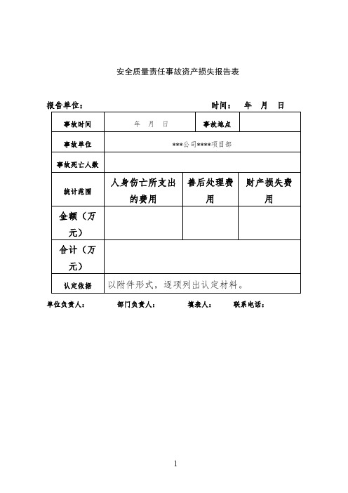 安全质量责任事故资产损失报告表