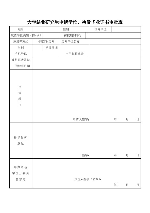 大学结业研究生申请学位换发毕业证书审批表(word可编辑模板)